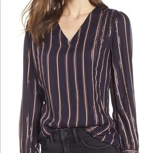 Hinge Twill & Lace Stripe V-Neck Top